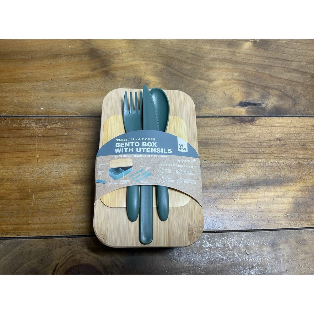 Bento Box 7 Pc Set w/Utensils | Lunchbox | Green Bamboo